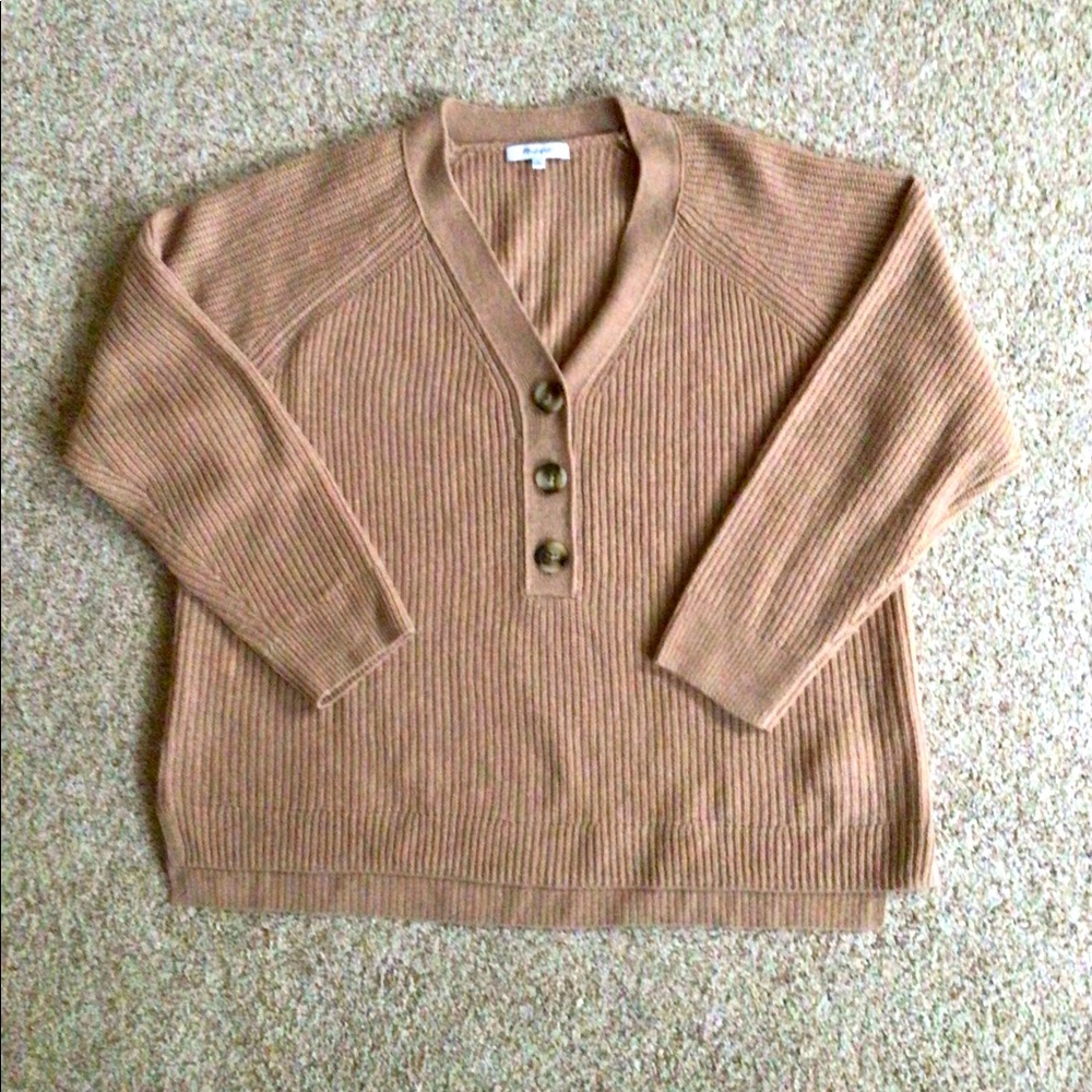 NWOT Madewell Camel Lyle Ribbed Henley 3 Button Pullover Sweater Top Merino